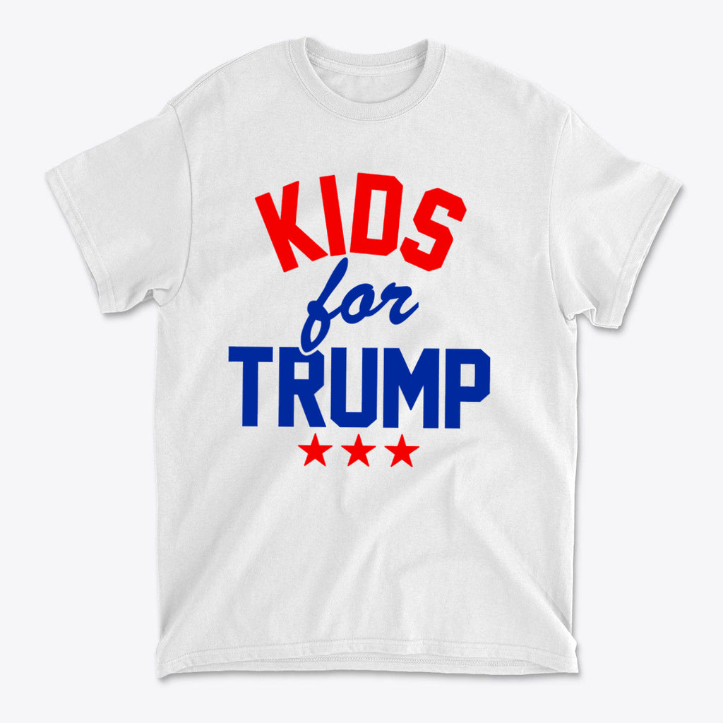 Kids for Trump USA Pride Shirt featuring bold red and blue text on a white background.