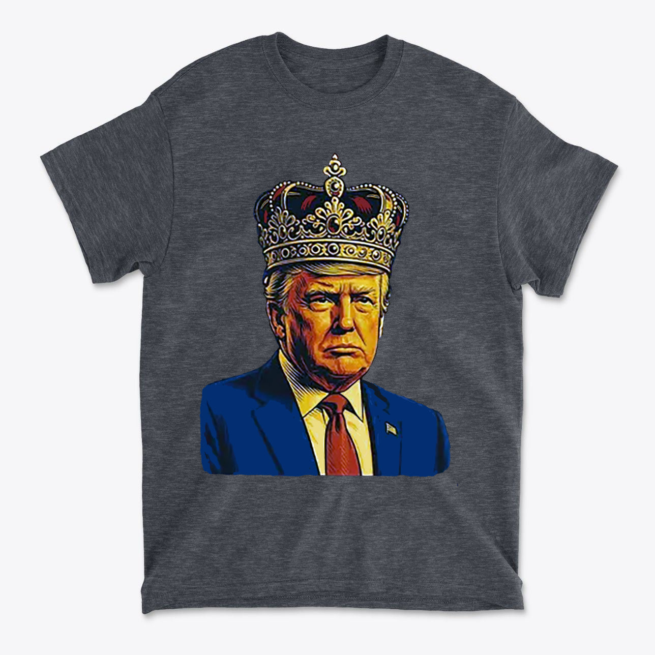 King Trump Vintage Patriotic Style t-shirt featuring a crowned portrayal of Trump in bold colors.