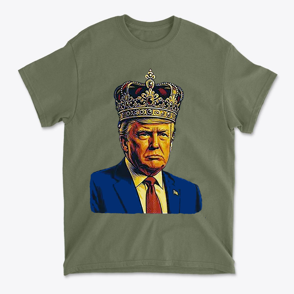 King Trump Vintage Patriotic Style t-shirt featuring a crowned Trump illustration on olive green fabric.