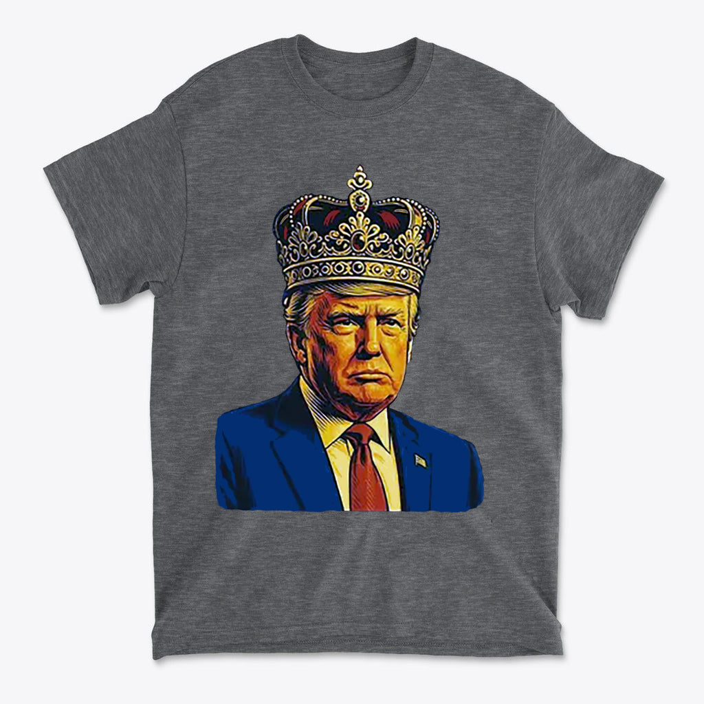King Trump Vintage Patriotic Style t-shirt featuring a crowned Donald Trump illustration on a gray background.