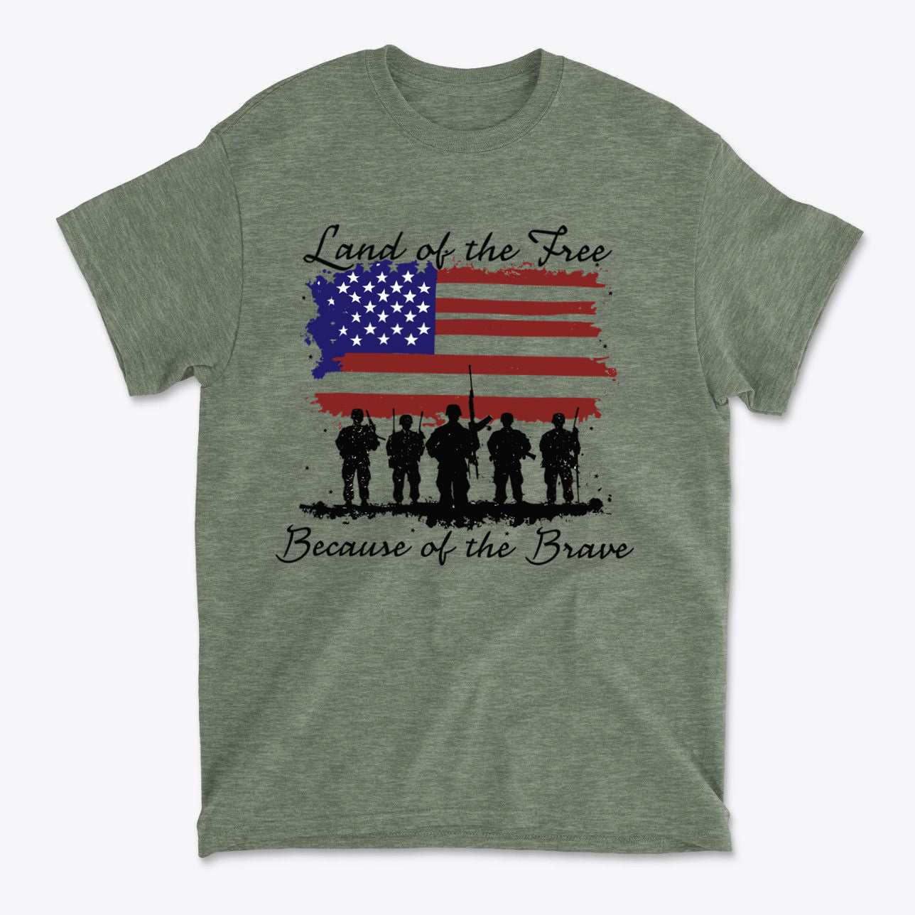 Land Of The Free Because Of The Brave t-shirt featuring soldiers silhouettes and American flag design.