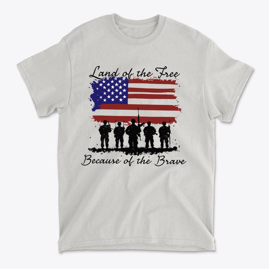 Land Of The Free Because Of The Brave t-shirt featuring soldiers and an American flag design.