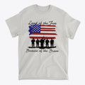 Land Of The Free Because Of The Brave t-shirt featuring soldiers and an American flag design.