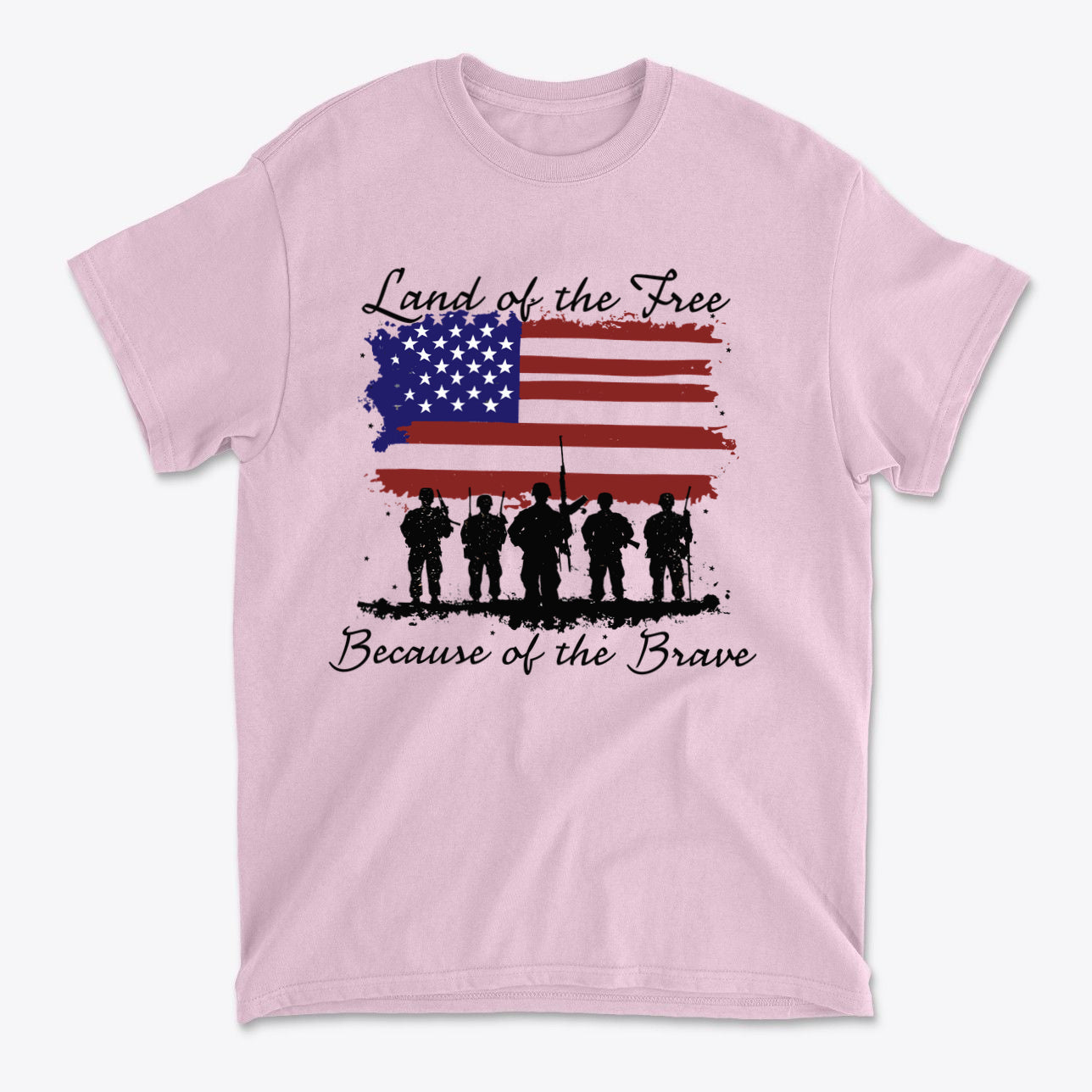 Land Of the Free Because of the Brave t-shirt featuring silhouettes of soldiers and an American flag design.