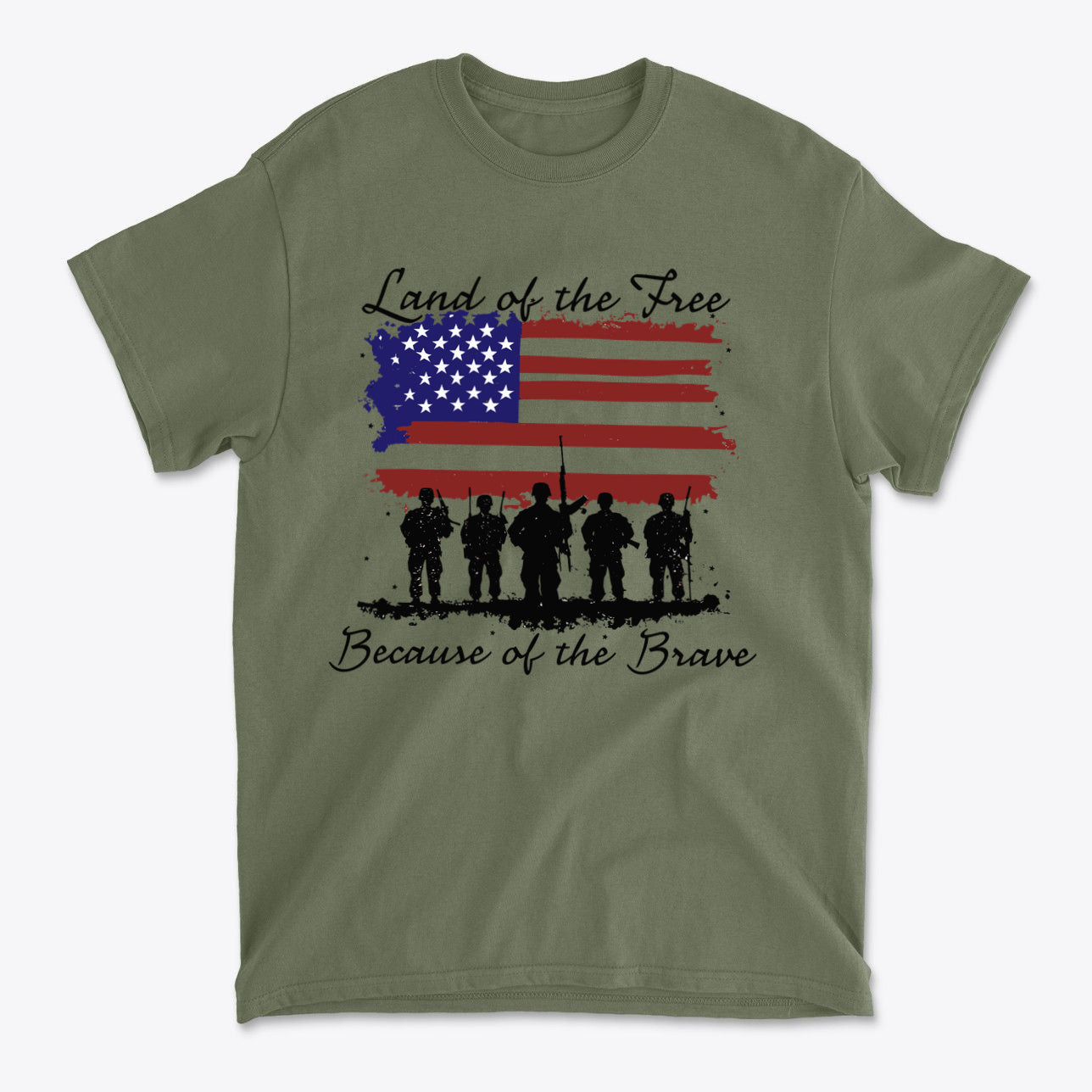 Land Of The Free Because Of The Brave t-shirt featuring soldiers and American flag design.