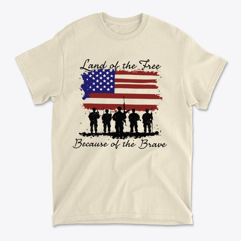 Land Of The Free Because Of The Brave t-shirt featuring American flag and silhouette of soldiers.