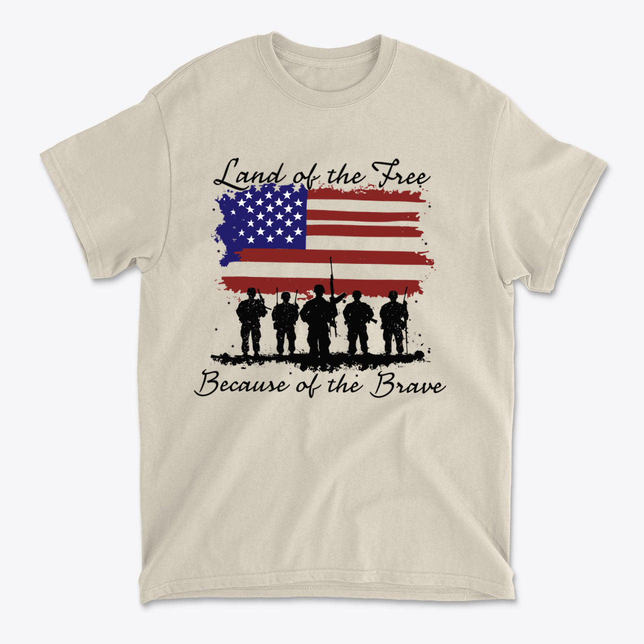 Land Of The Free Because Of The Brave t-shirt featuring soldiers silhouetted against an American flag design.