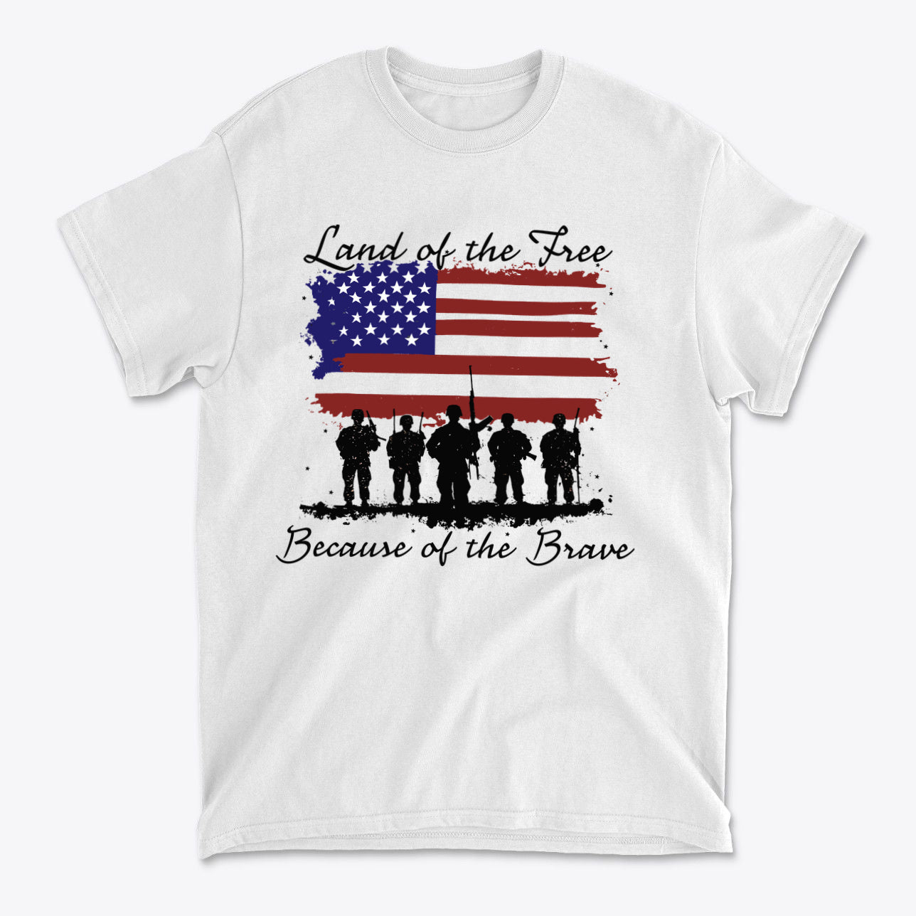 Land Of The Free Because Of The Brave t-shirt design featuring soldiers and the American flag