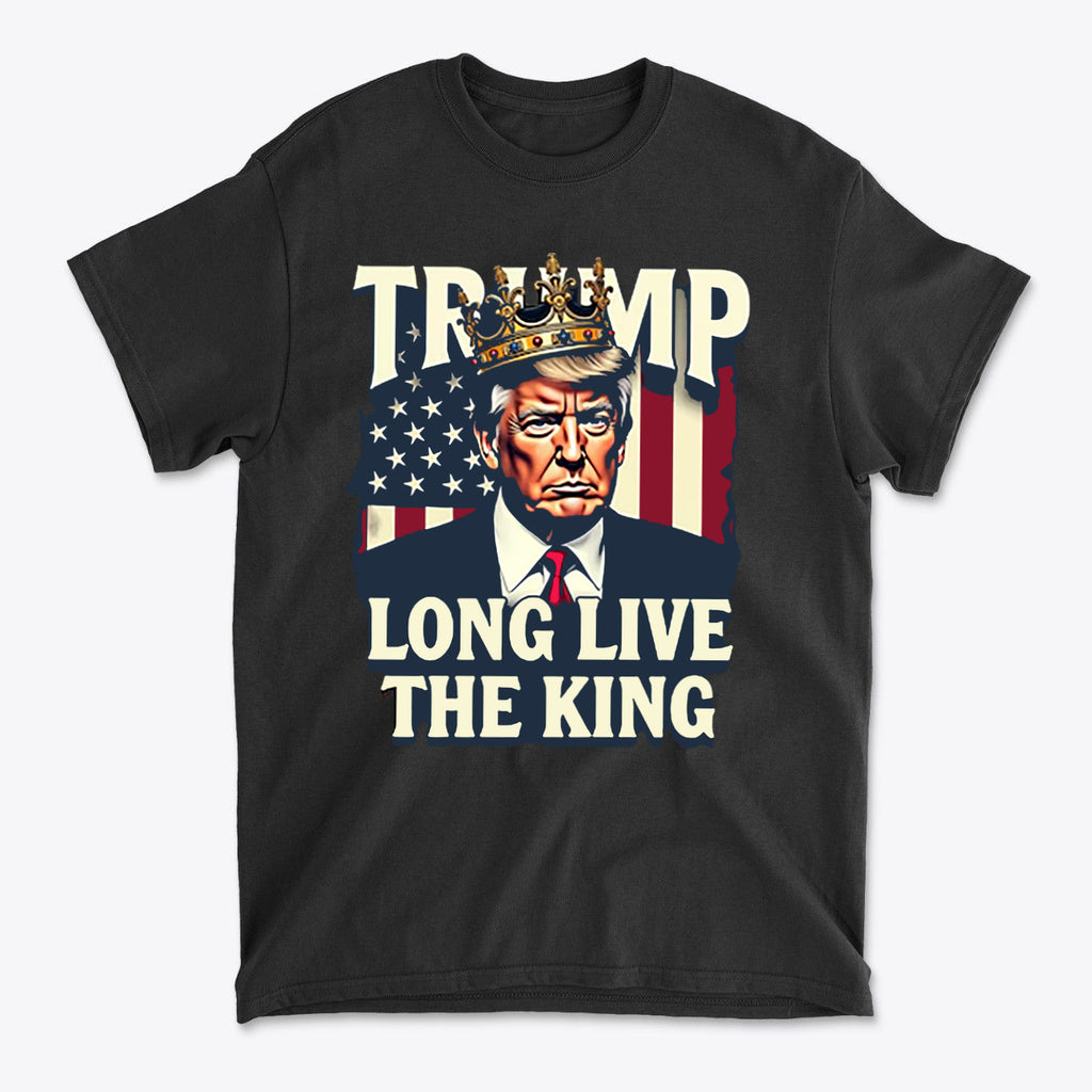 Trump Long Live the King USA Shirt featuring a crowned Trump against an American flag background.