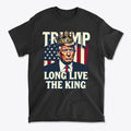 Trump Long Live the King USA Shirt featuring a crowned Trump against an American flag background.