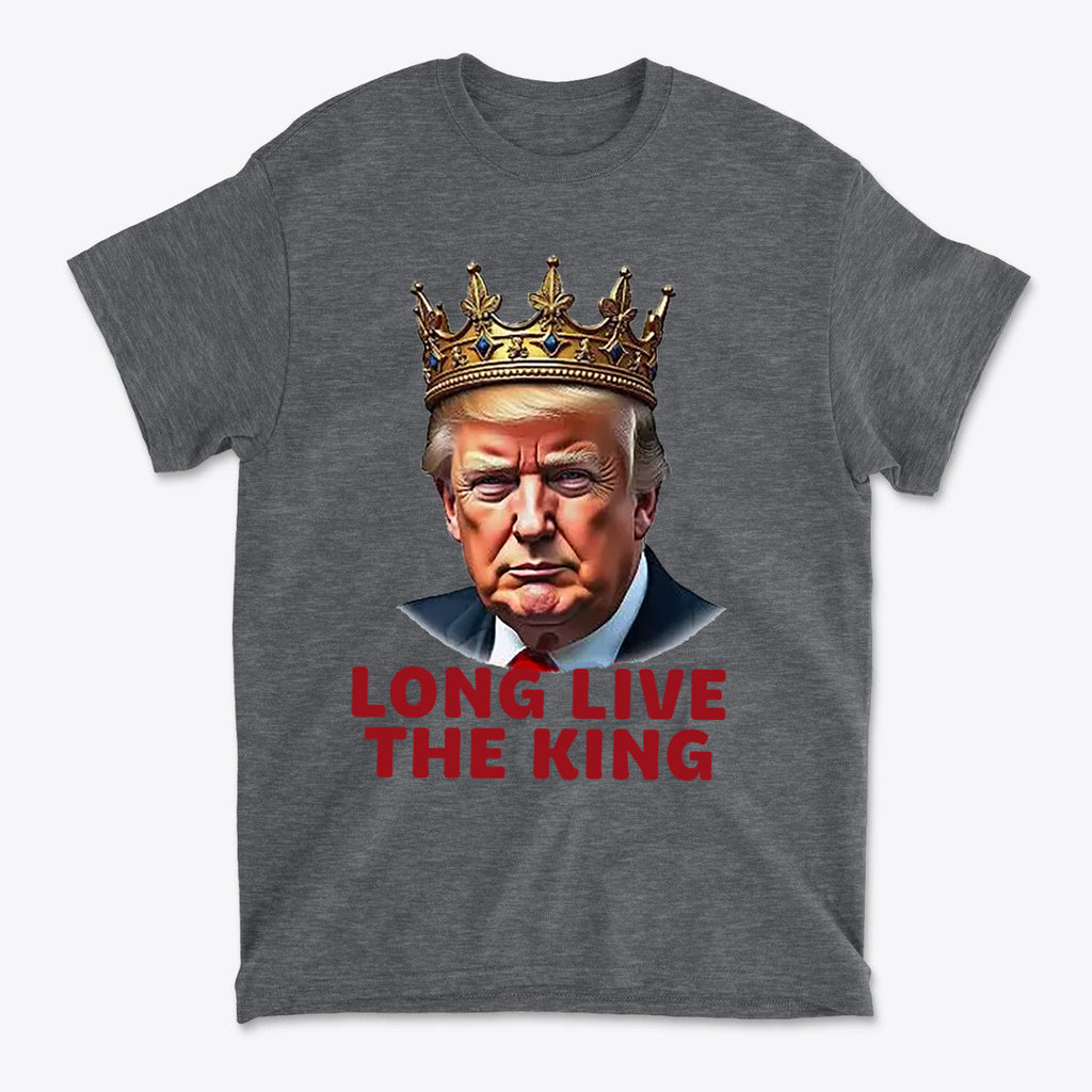Long Live the King Vintage Shirt featuring crowned figure and striking text design on a gray t-shirt.