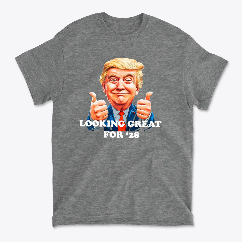 Looking Great for '28 USA Shirt featuring a smiling character with thumbs up on a gray background.