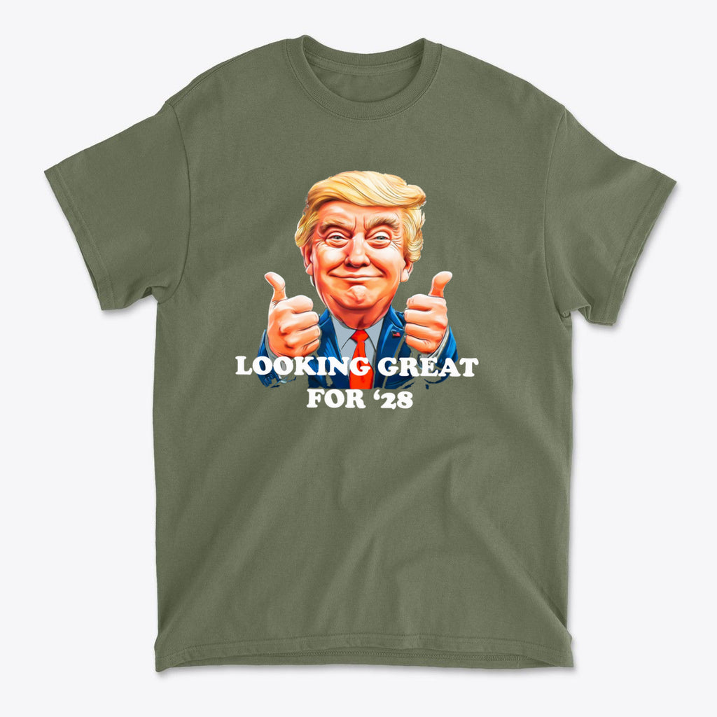 Looking Great for '28 USA Shirt featuring a smiling figure with thumbs up and patriotic text design.