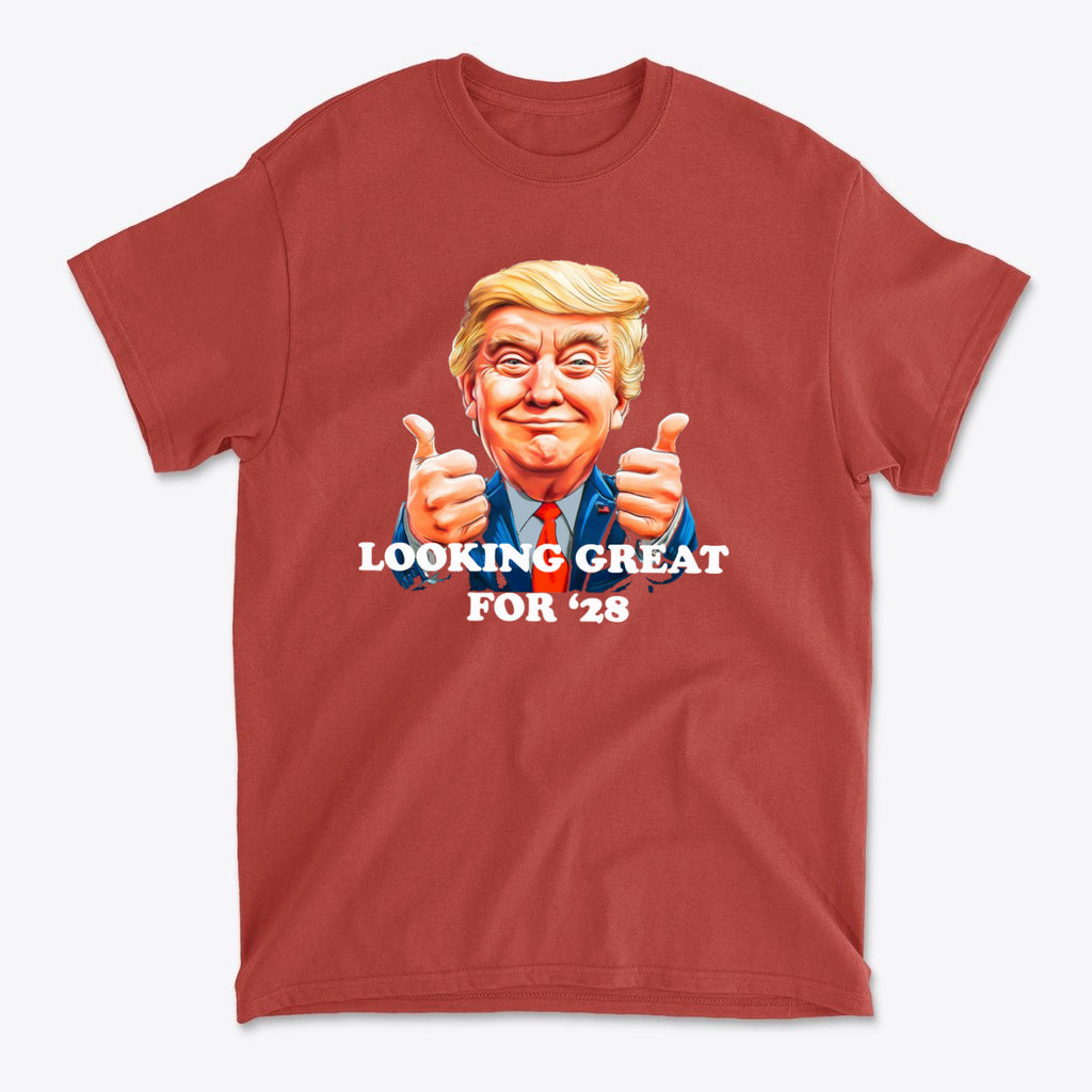 Looking Great for '28 USA Shirt featuring a thumbs-up design with a character in a red tee.