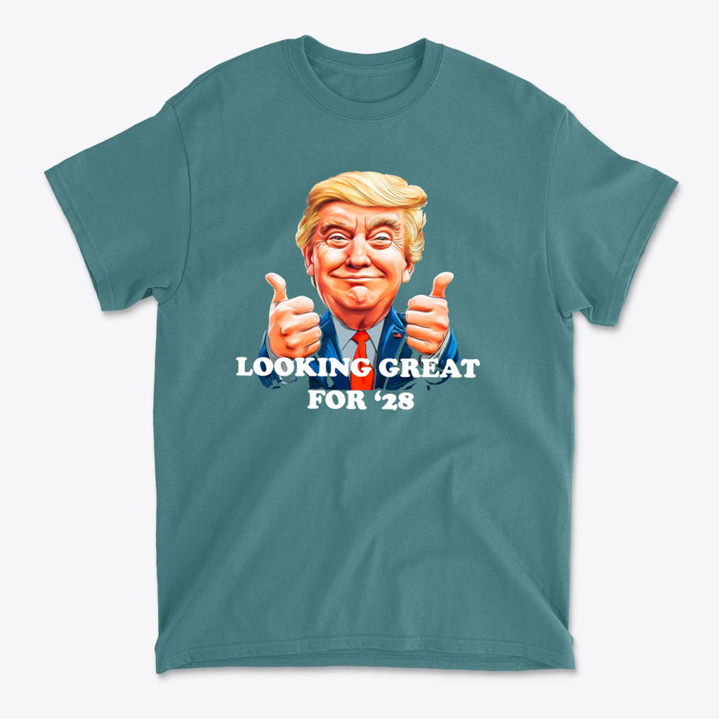 Looking Great for '28 USA Shirt featuring a thumbs-up design and a cheerful graphic in teal color.