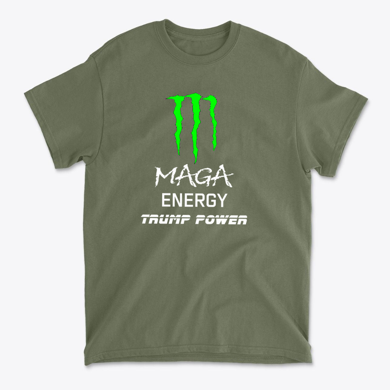MAGA Energy Trump Power USA Shirt with bold green graphics on an olive green t-shirt.