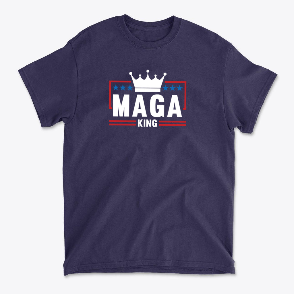MAGA King American Pride Shirt featuring a crown design on navy blue fabric.