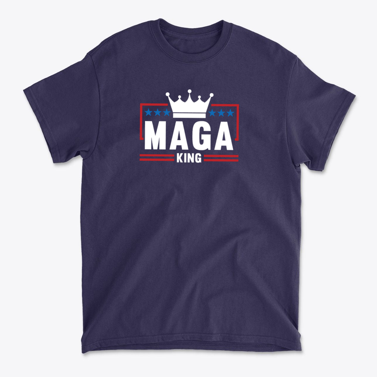 MAGA King American Pride Shirt featuring a crown design on navy blue fabric.