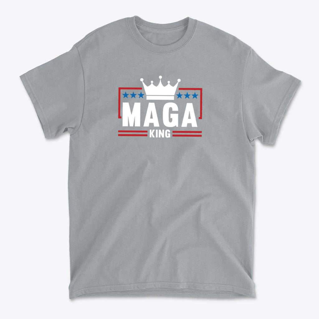 MAGA King American Pride Shirt with crown graphic and red, white, and blue design on gray background.