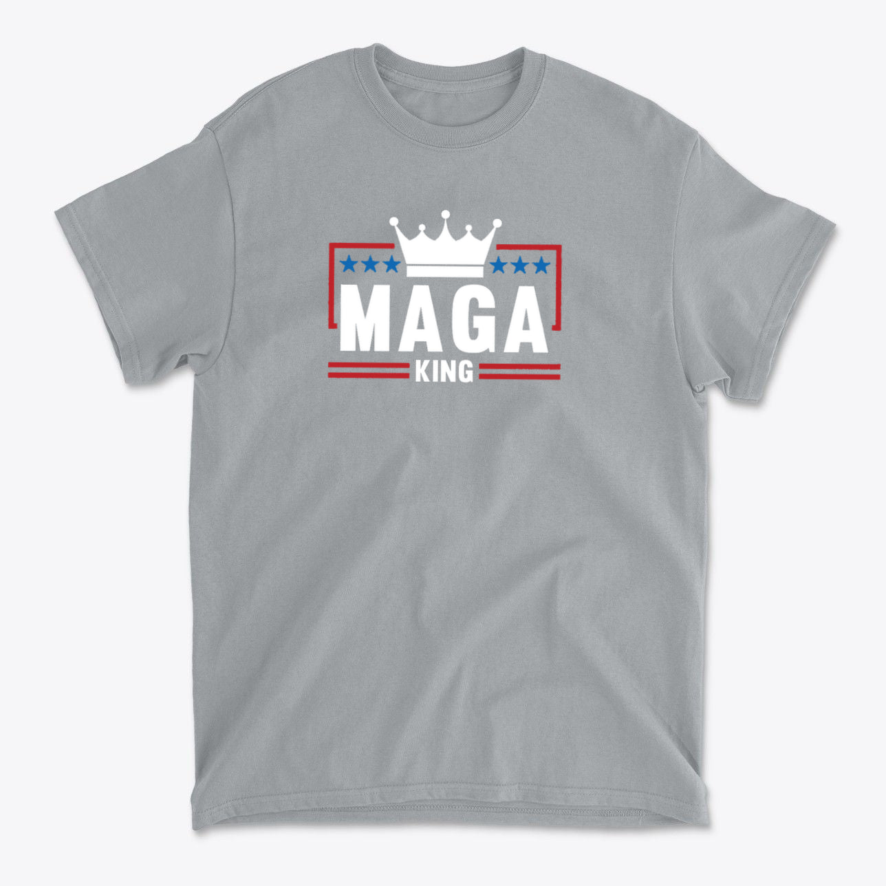 MAGA King American Pride Shirt with crown graphic and red, white, and blue design on gray background.