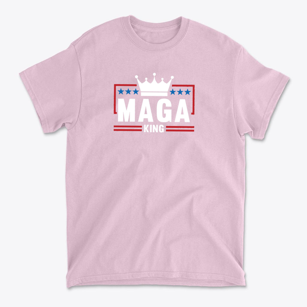 MAGA King American Pride Shirt in pink, featuring bold graphics and a crown design to express political beliefs.