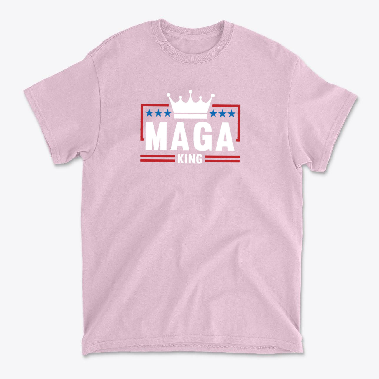 MAGA King American Pride Shirt in pink, featuring bold graphics and a crown design to express political beliefs.