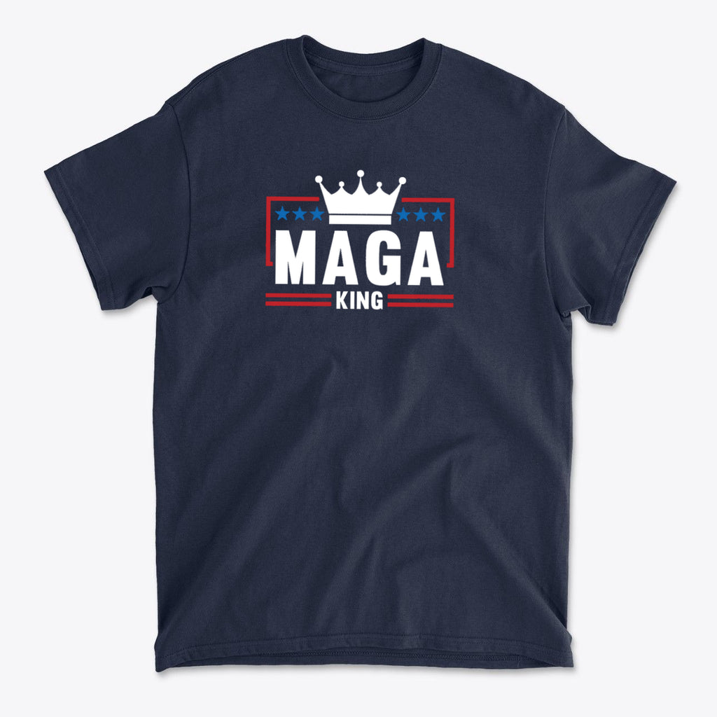 MAGA King American Pride Shirt featuring a crown design on a navy blue background.