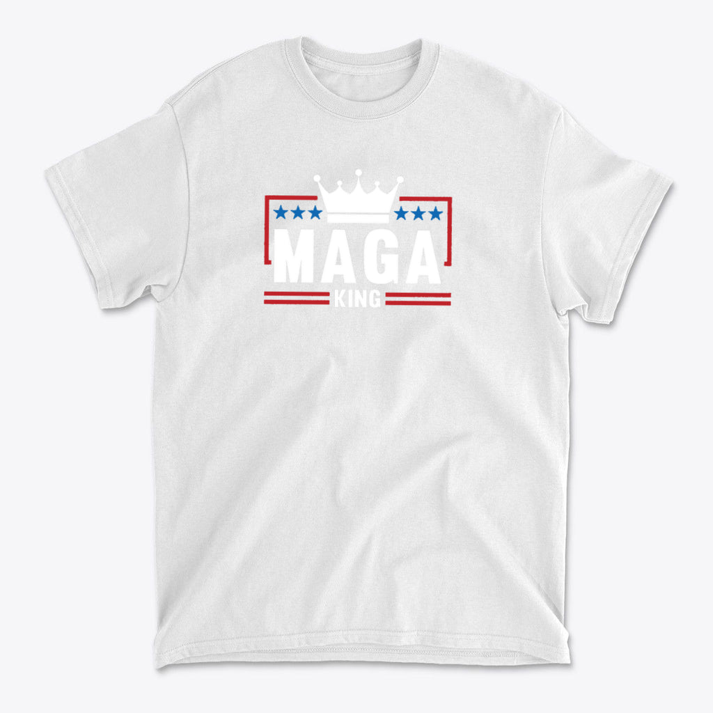 MAGA King American Pride Shirt featuring a crown and stars in red, white, and blue on a white tee.