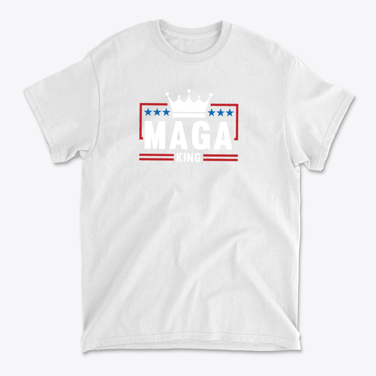 MAGA King American Pride Shirt featuring a crown and stars in red, white, and blue on a white tee.