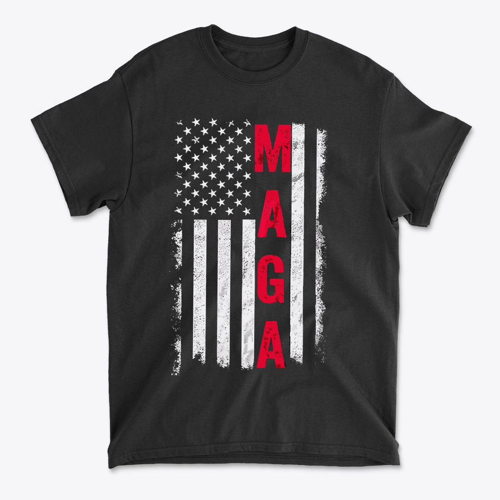 MAGA B W American Flag Apparel black t-shirt featuring a distressed American flag design and bold red MAGA lettering.