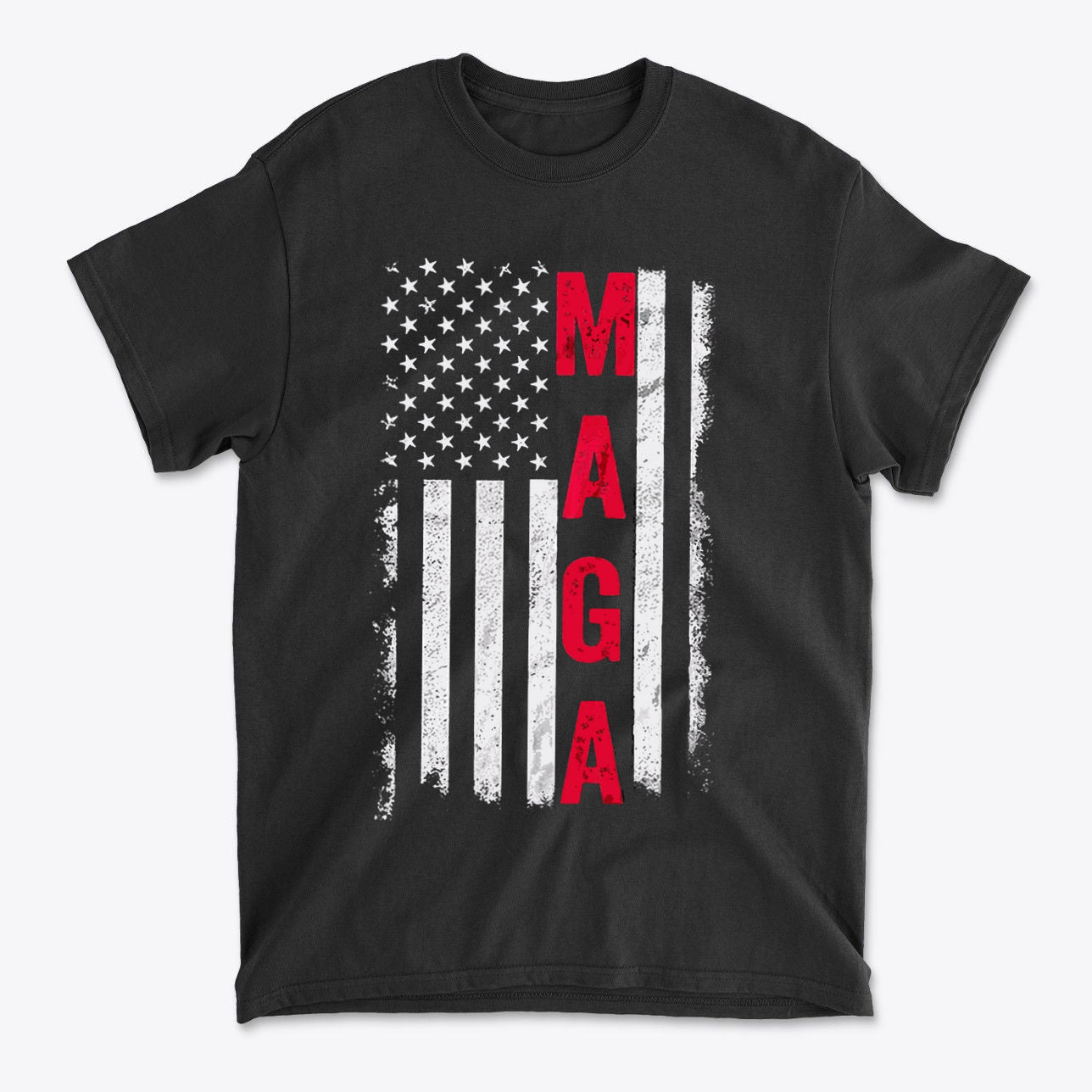 MAGA B W American Flag Apparel black t-shirt featuring a distressed American flag design and bold red MAGA lettering.
