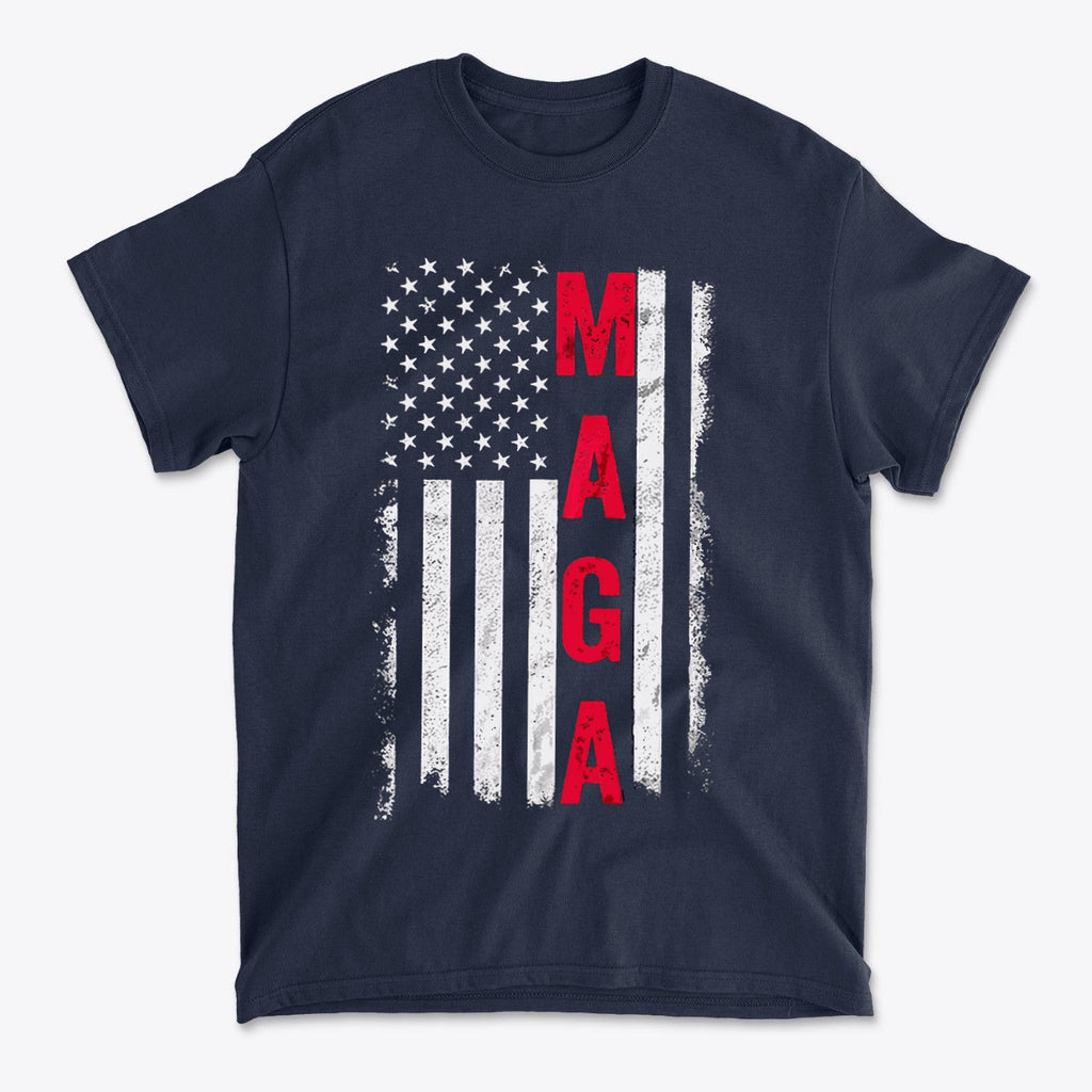 MAGA B W American Flag Apparel featuring a navy t-shirt design with bold MAGA text and an American flag graphic.