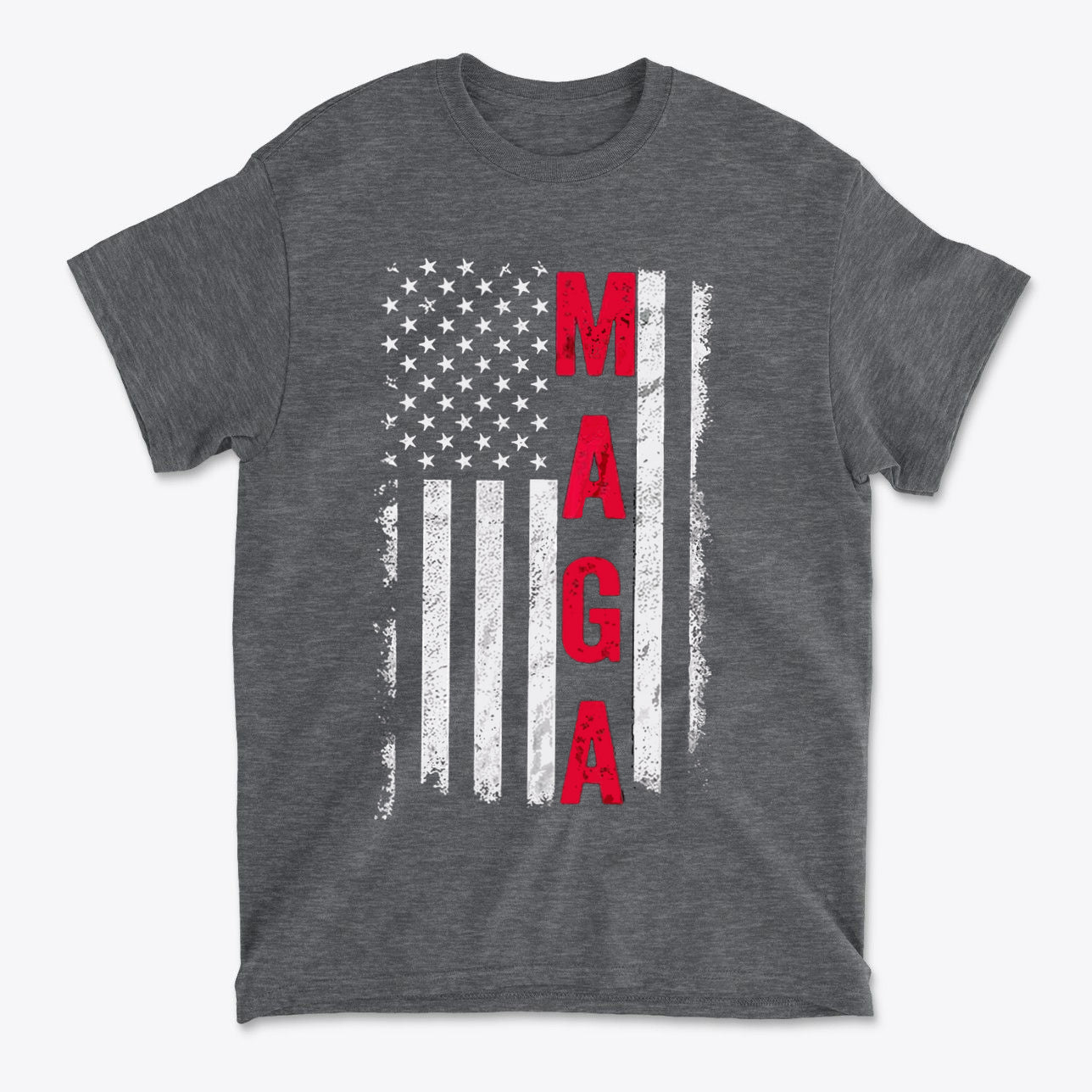 MAGA B W American Flag Apparel t-shirt featuring a distressed American flag design with bold MAGA lettering.