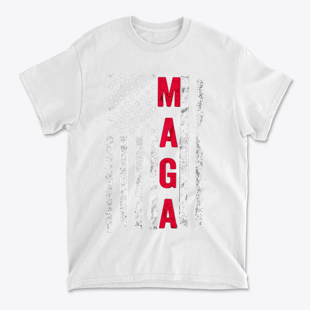 MAGA B W American Flag Apparel featuring a bold red 'MAGA' graphic on a white t-shirt.
