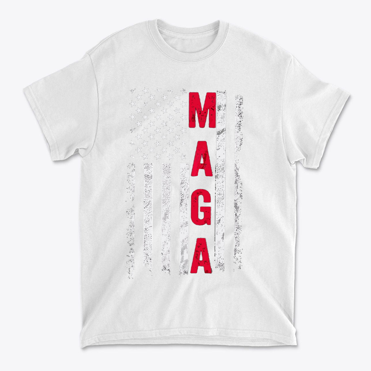 MAGA B W American Flag Apparel featuring a bold red 'MAGA' graphic on a white t-shirt.