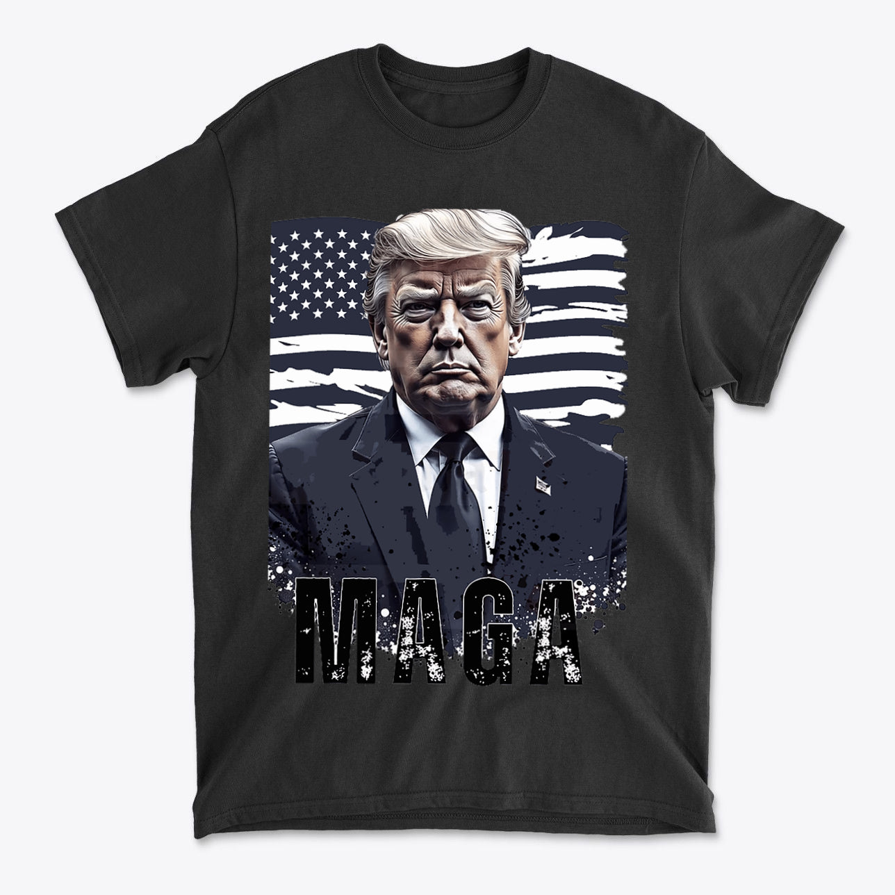 MAGA On American Flag Shirt Trump design featuring a portrait of Donald Trump with an American flag background.