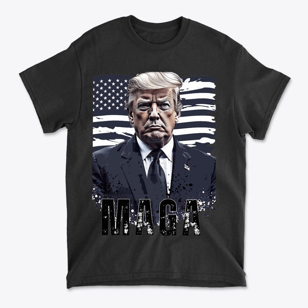 MAGA Flag USA Patriotic Shirt Trump featuring Donald Trump against an American flag design.