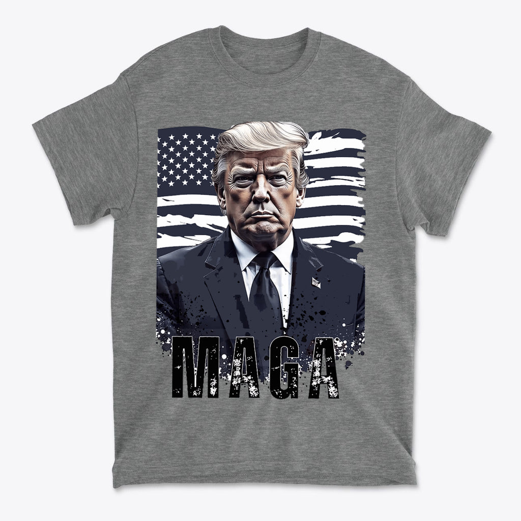 MAGA On American Flag Shirt Trump featuring a graphic of Donald Trump against an American flag background.