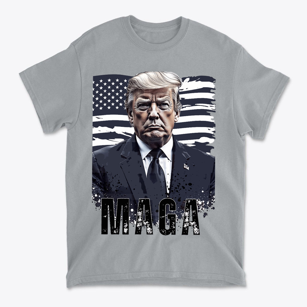 MAGA Flag USA Patriotic Shirt Trump graphic design featuring Donald Trump against an American flag background.