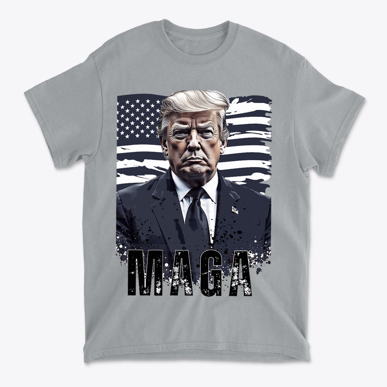 MAGA Flag USA Patriotic Shirt Trump graphic design featuring Donald Trump against an American flag background.