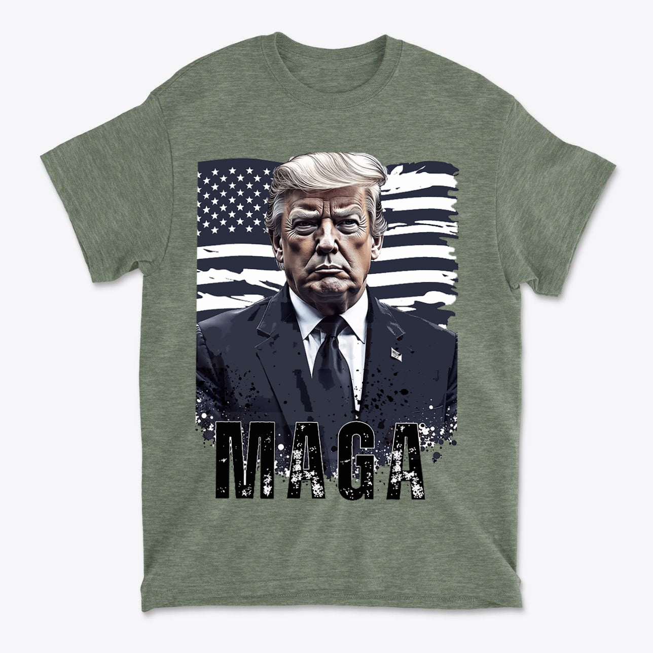 MAGA On American Flag Shirt Trump featuring an illustration of a determined Trump in front of an American flag.