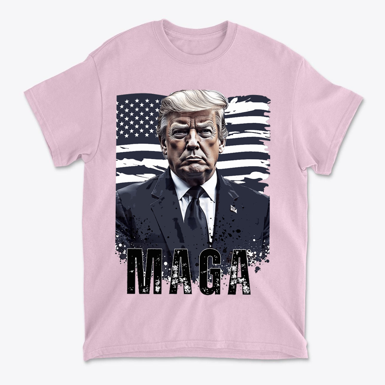 MAGA On American Flag Shirt Trump featuring bold graphic of Trump on a pink T-shirt with American flag backdrop.