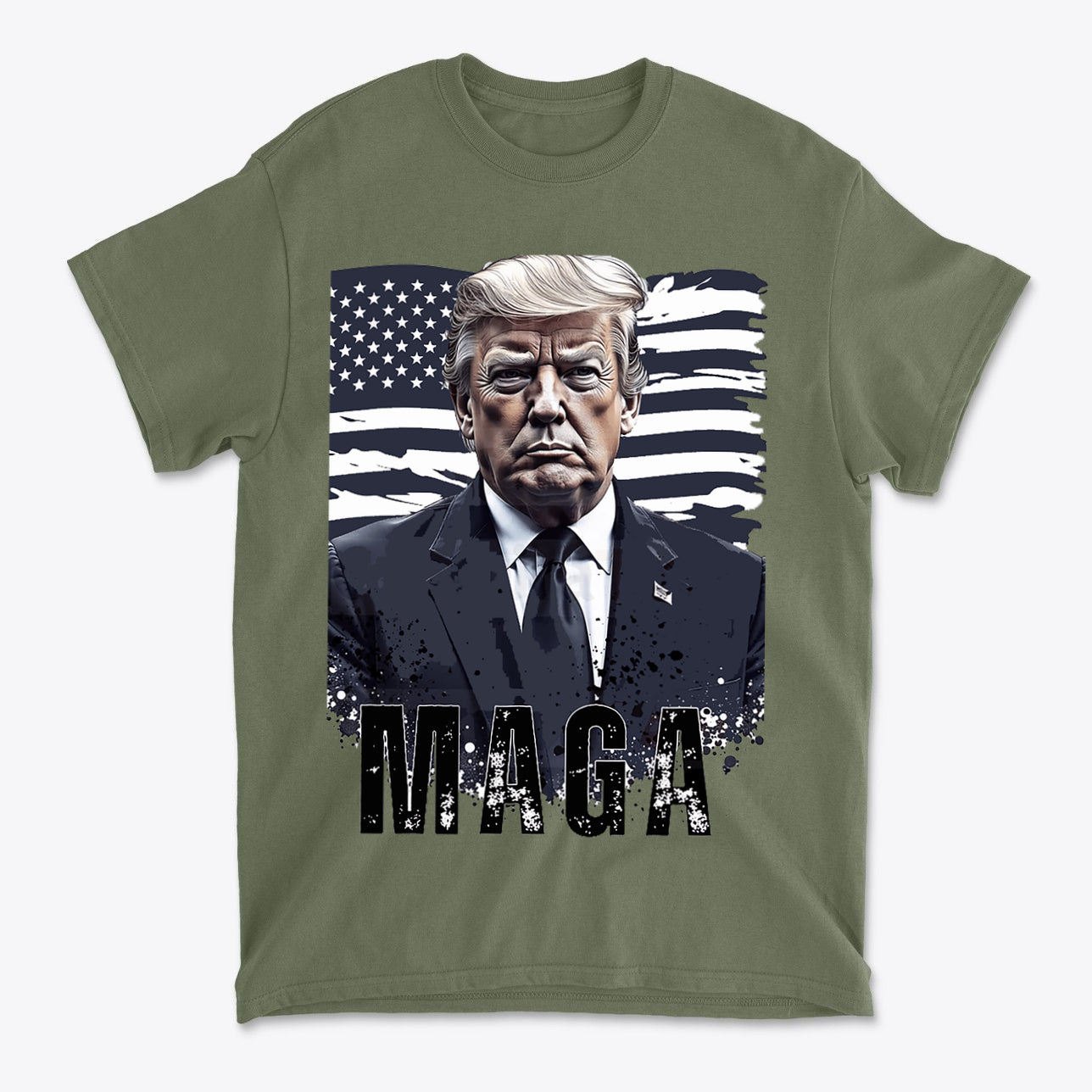 MAGA Flag USA Patriotic Shirt Trump design featuring bold graphic of Trump with USA flag in background.