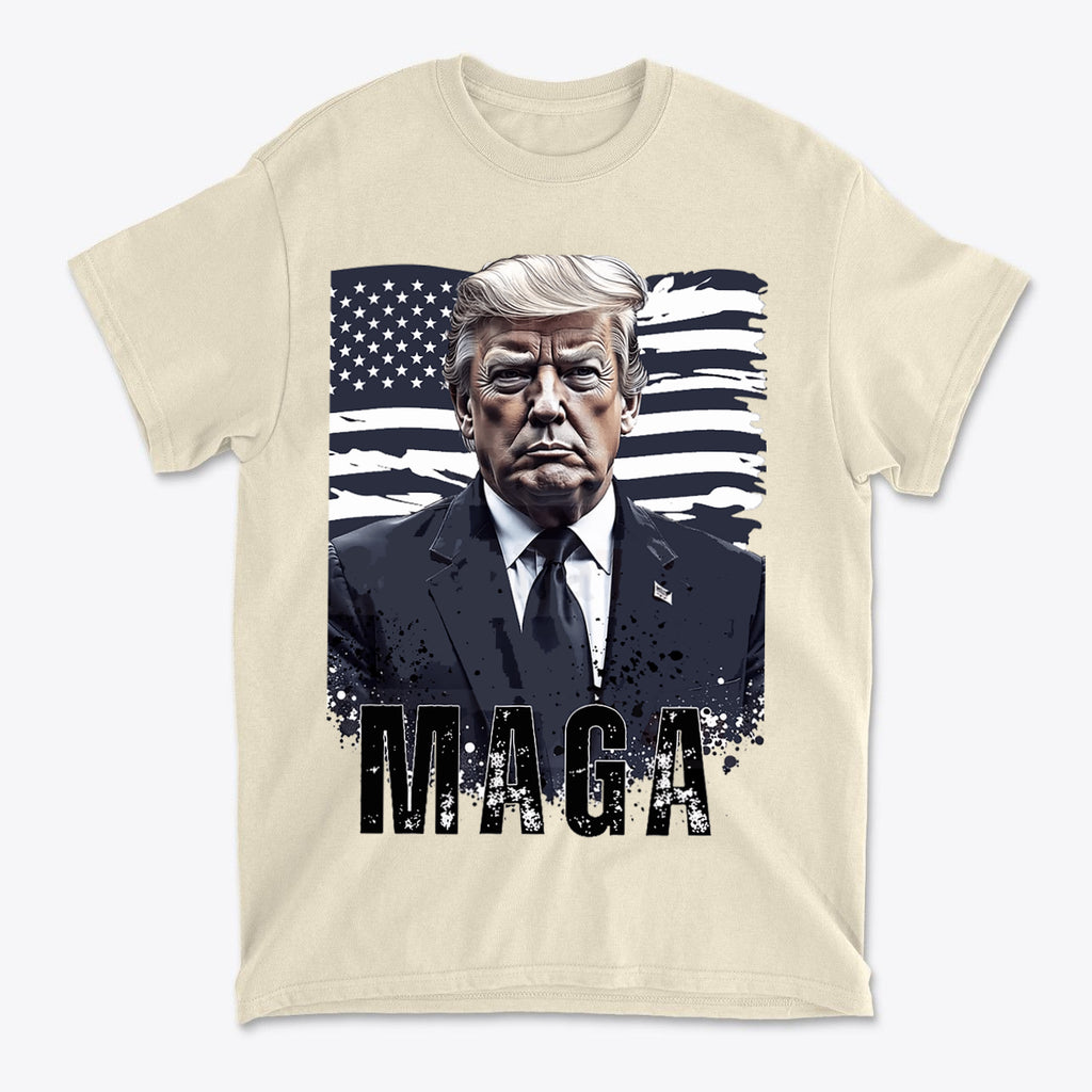 MAGA On American Flag Shirt Trump featuring an illustration of Donald Trump with a US flag backdrop.