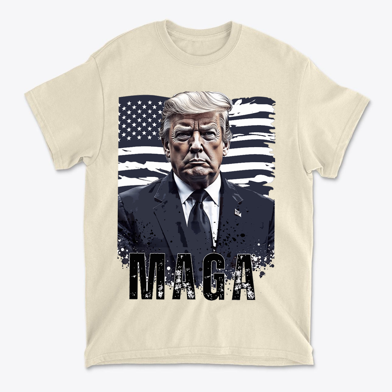 MAGA Flag USA Patriotic Shirt Trump design with bold 'MAGA' text and American flag background.