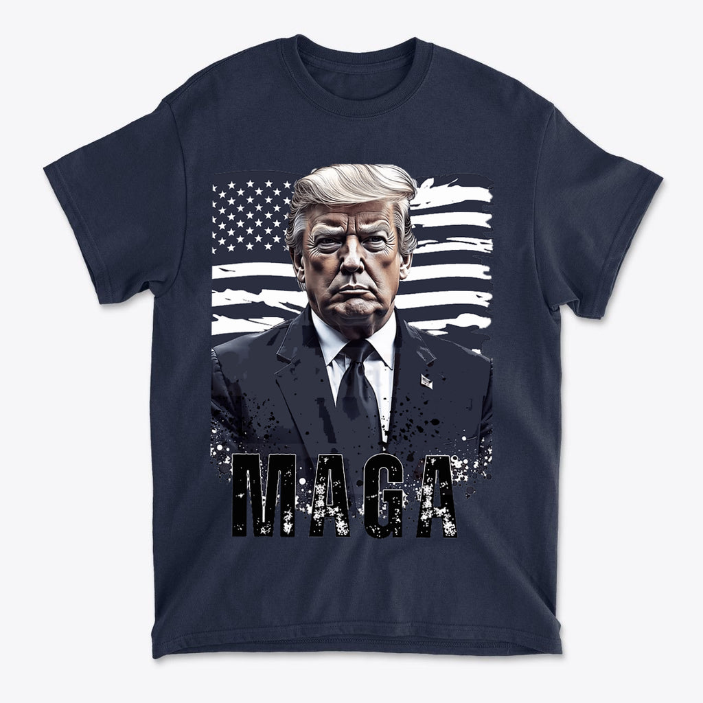 MAGA On American Flag Shirt Trump featuring a graphic of Donald Trump against an American flag background.