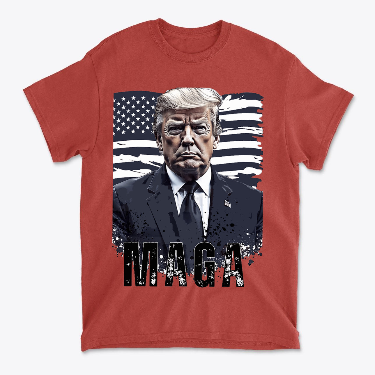 MAGA On American Flag Shirt Trump featuring bold graphic design and patriotic imagery on a red t-shirt.