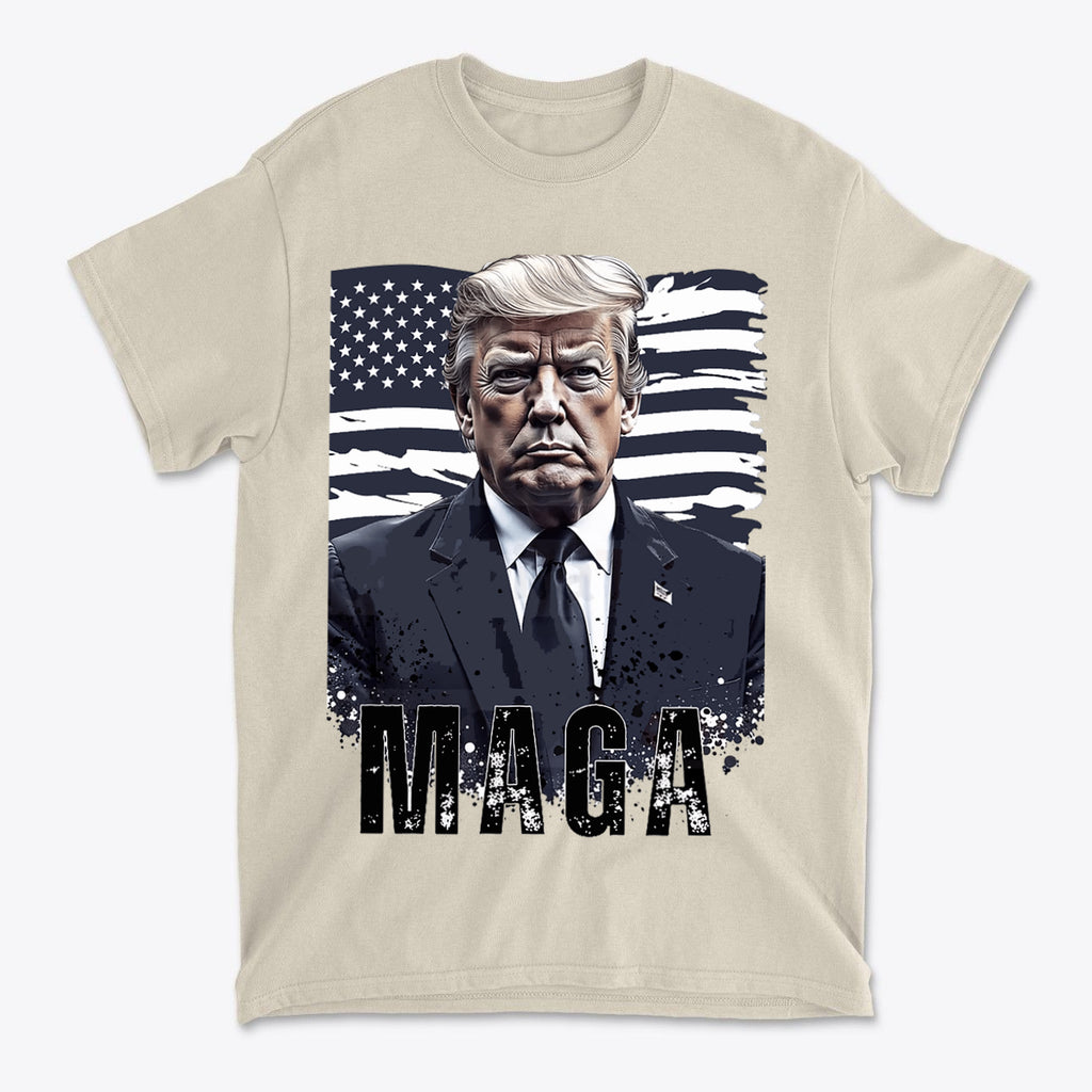 MAGA On American Flag Shirt Trump featuring a bold graphic of Trump with an American flag background.