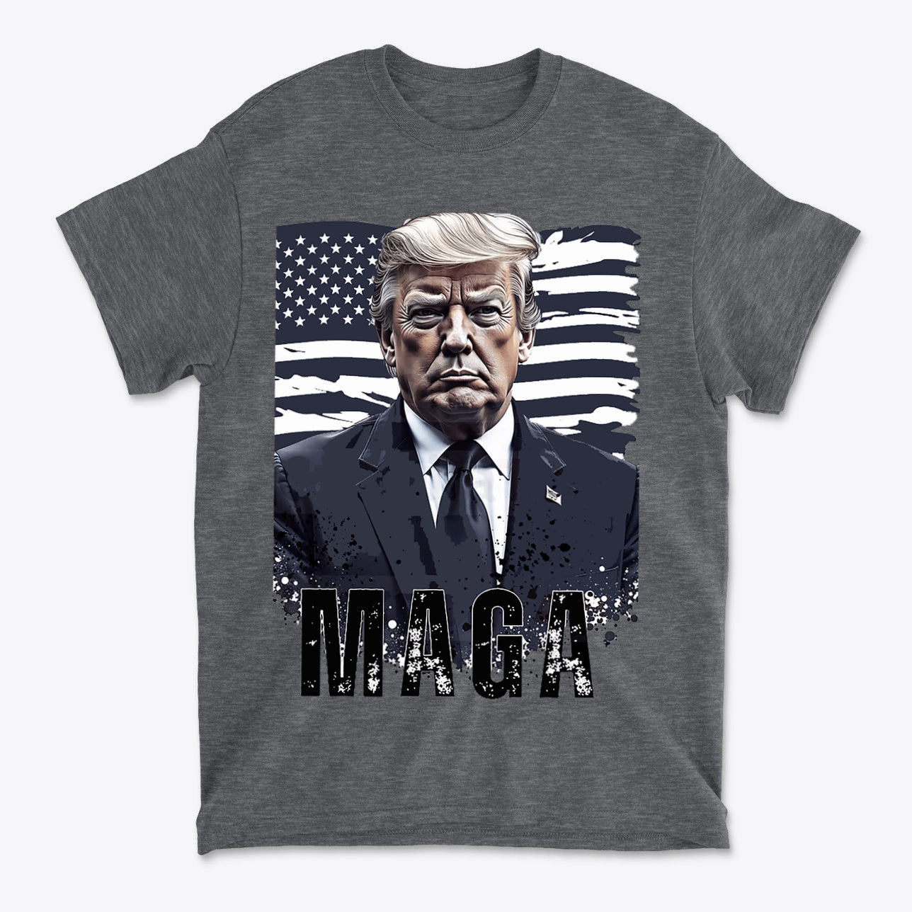 MAGA On American Flag Shirt Trump featuring bold graphic of Trump with American flag background.