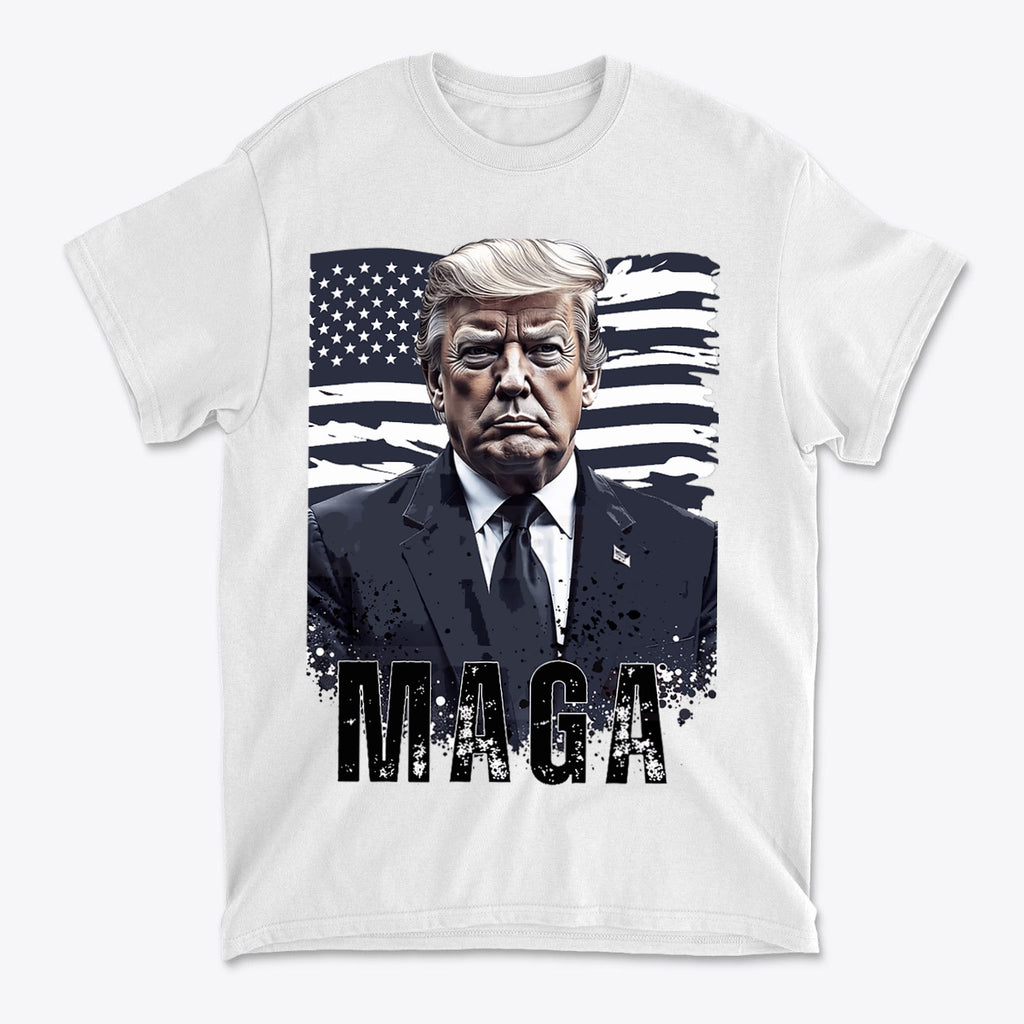 MAGA On American Flag Shirt Trump featuring a graphic of Donald Trump against a flag background.